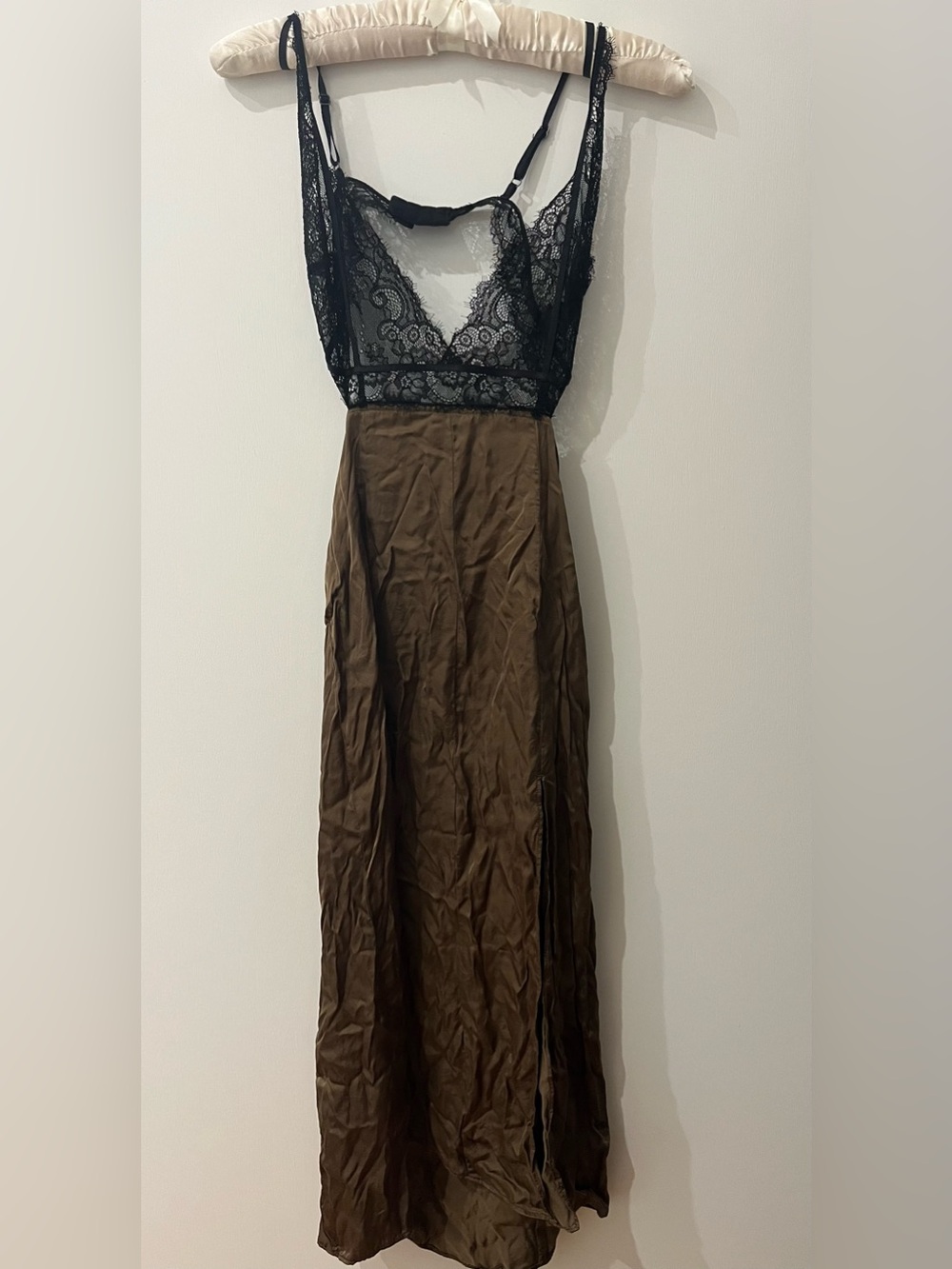 Anthropologie Black Lace and Olive Satin Slip Dress